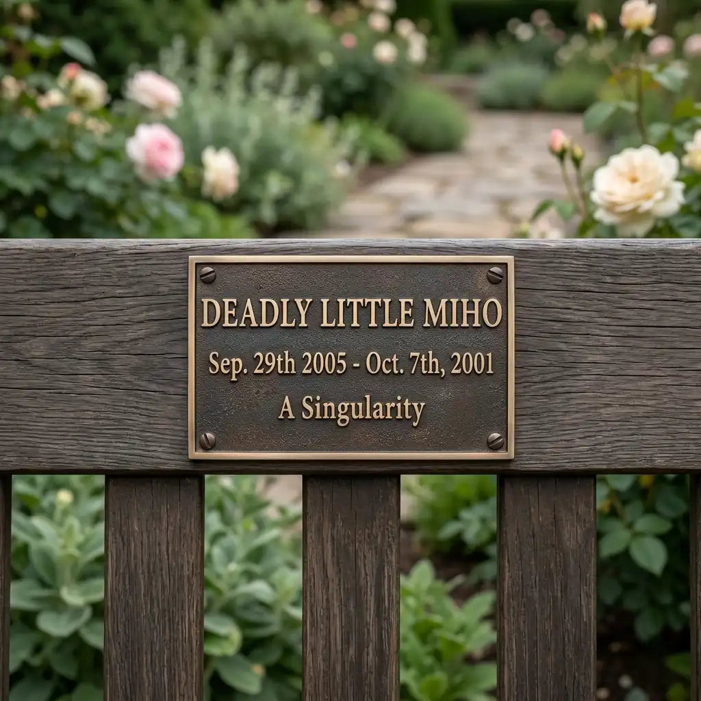 Bronze plaque with engraved text on a wooden post in a garden setting