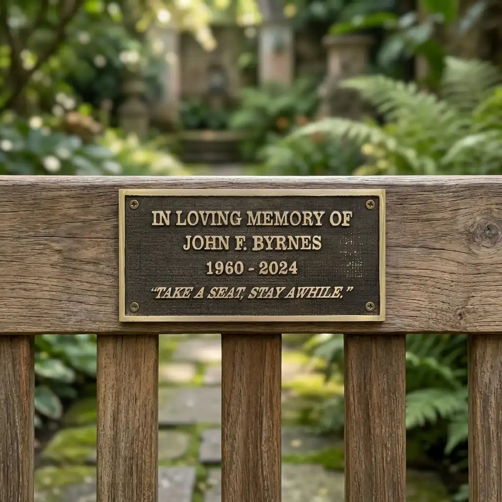 Bronze Memorial plaque on a wooden bench in a garden setting