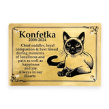 Custom Brass Pet Memorial Plaque for a cat named Konfetka with text and a black and white cat illustration on a gold background.
