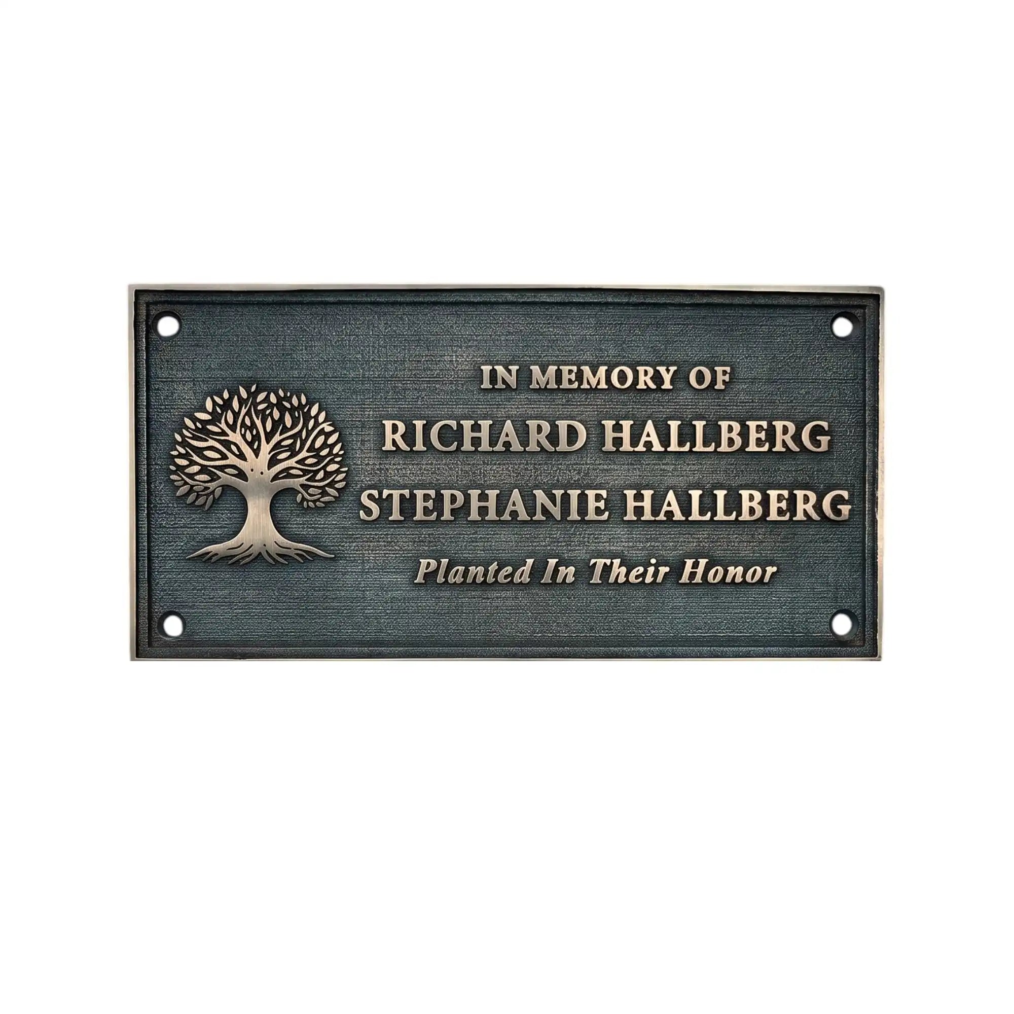 Bronze Memorial plaque with tree design and text 'In Memory of Richard Hallberg Stephanie Hallberg Planted In Their Honor' on a white background.