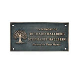 Bronze Memorial plaque with tree design and text 'In Memory of Richard Hallberg Stephanie Hallberg Planted In Their Honor' on a white background.