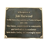 Bronze Plaque recognizing Jim Harwood for his leadership and contributions