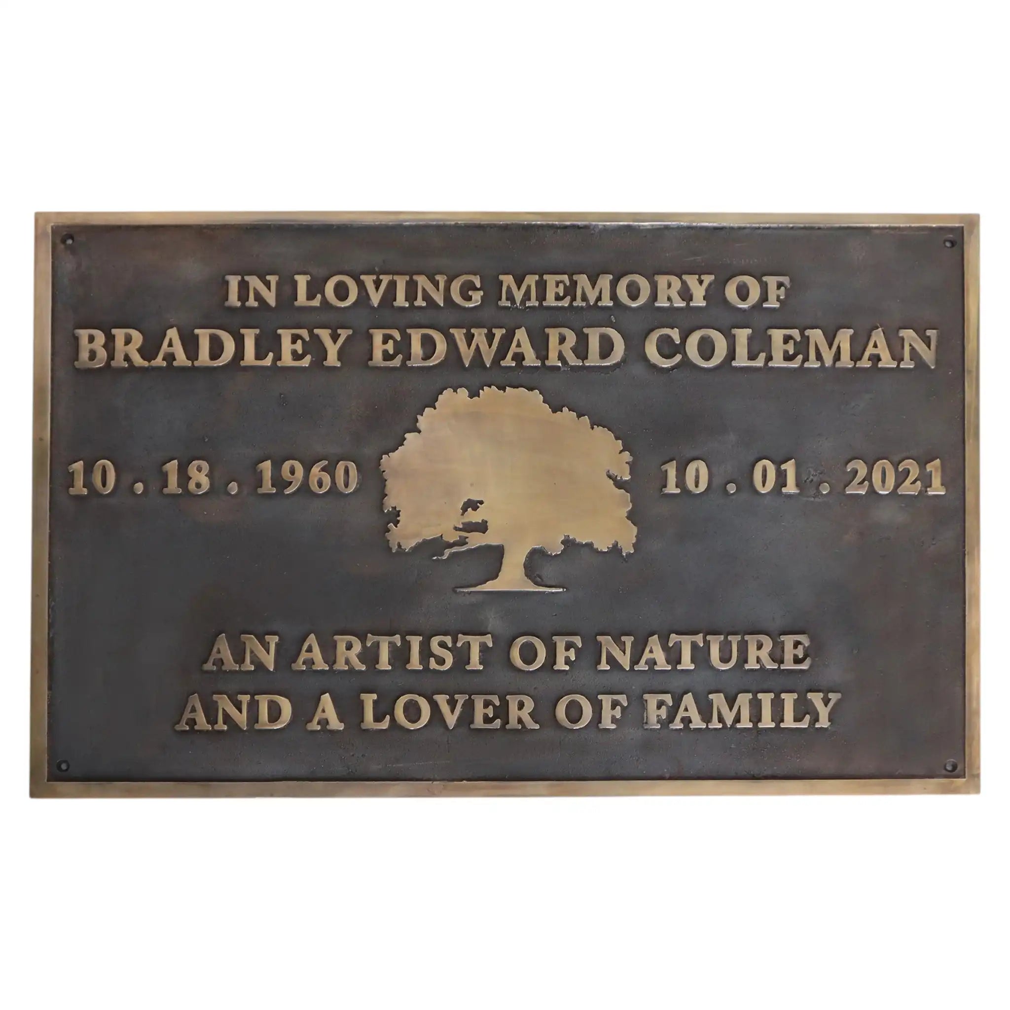 Memorial plaque for Bradley Edward Coleman with tree design and text on a white background