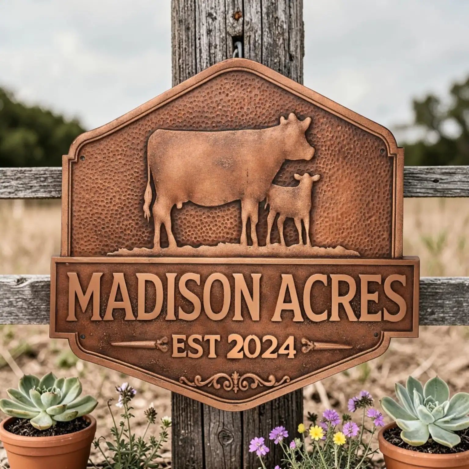 Decorative sign with cow and calf design and 'Madison Acres' text on a wooden post.