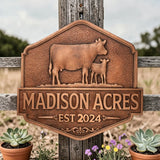 Decorative sign with cow and calf design and 'Madison Acres' text on a wooden post.