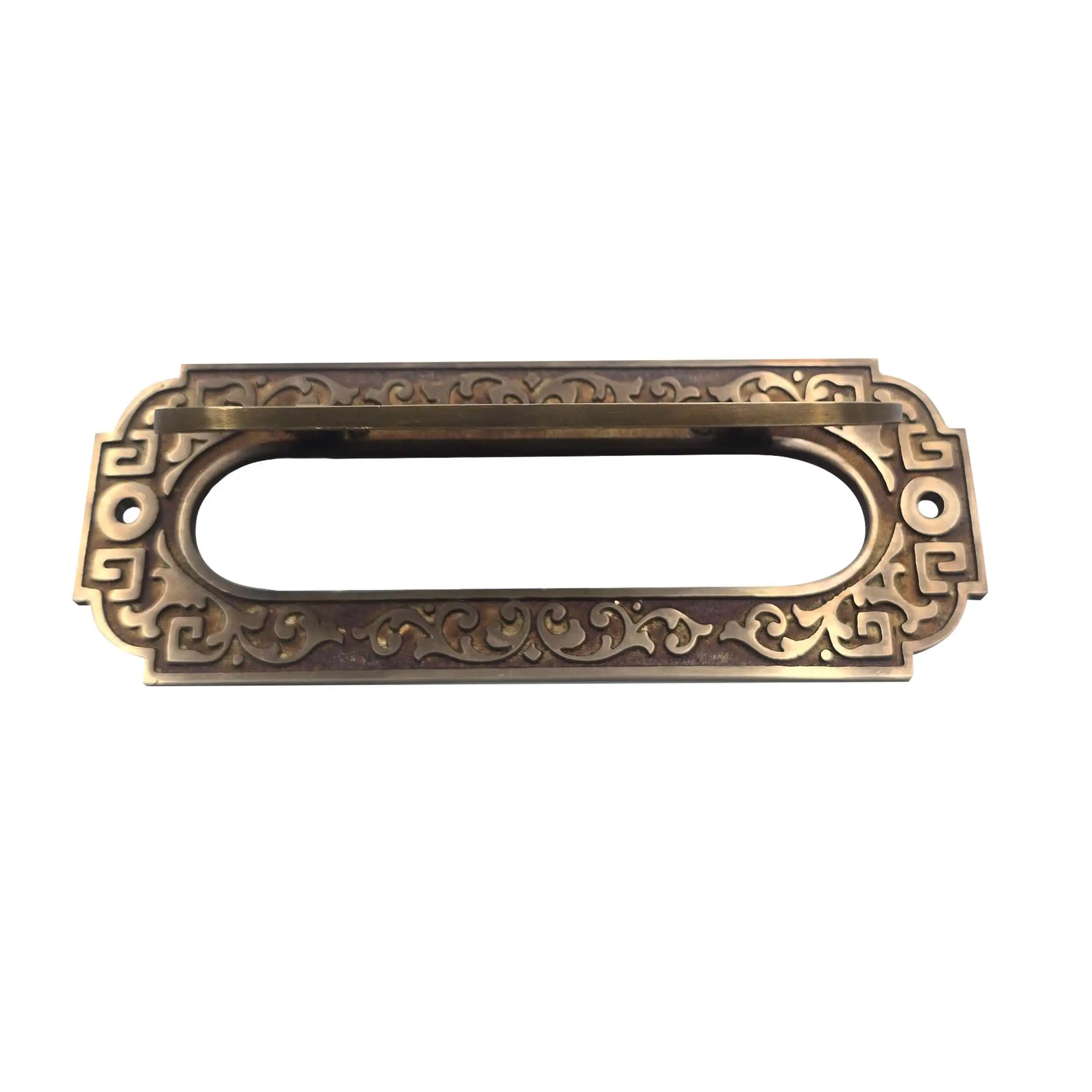 Custom Letter Plate Mail Slot for Door – Vintage Style Personalized Letterbox Plate, featuring a decorative Greek key border and scrollwork pattern in a warm antique brass finish, isolated on a white background.