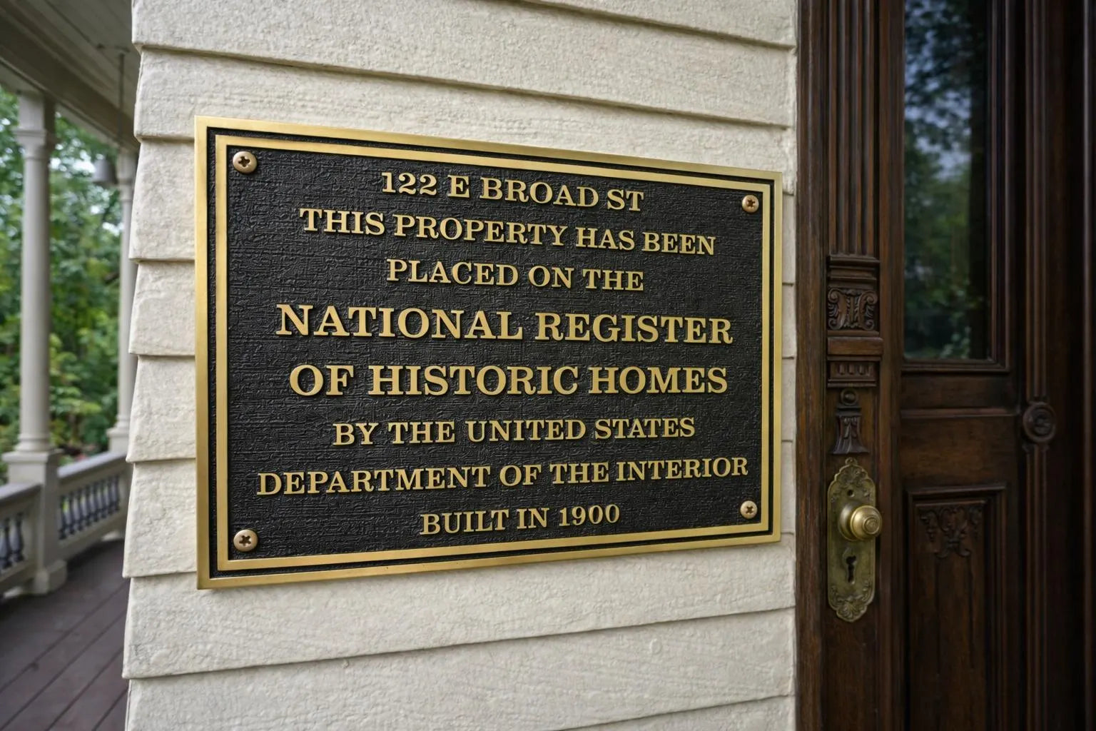 Historic home plaque on a building exterior indicating placement on the National Register of Historic Homes.