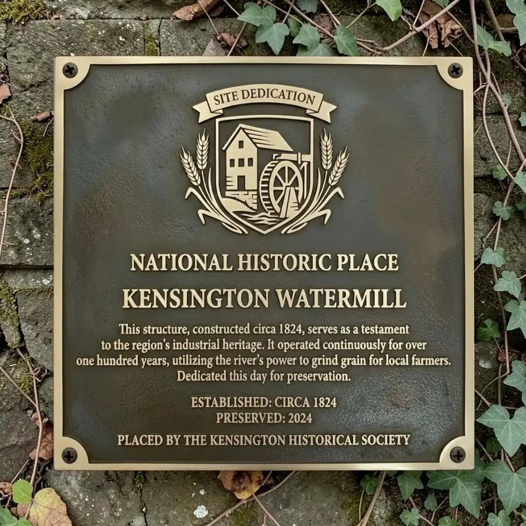 Plaque commemorating the Kensington Watermill, a National Historic Place, on a stone wall with ivy.