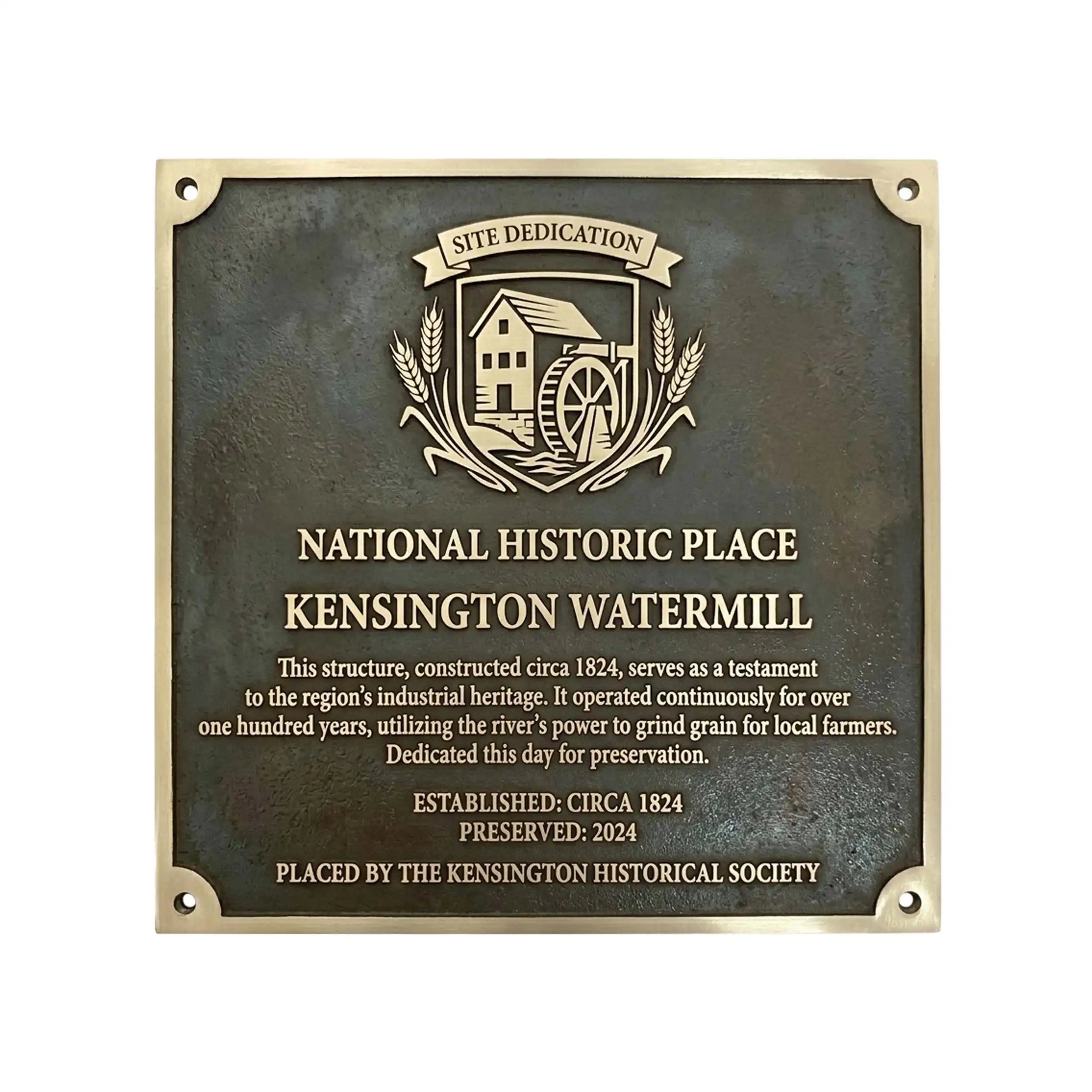National Historic Place plaque for Kensington Watermill on a white background