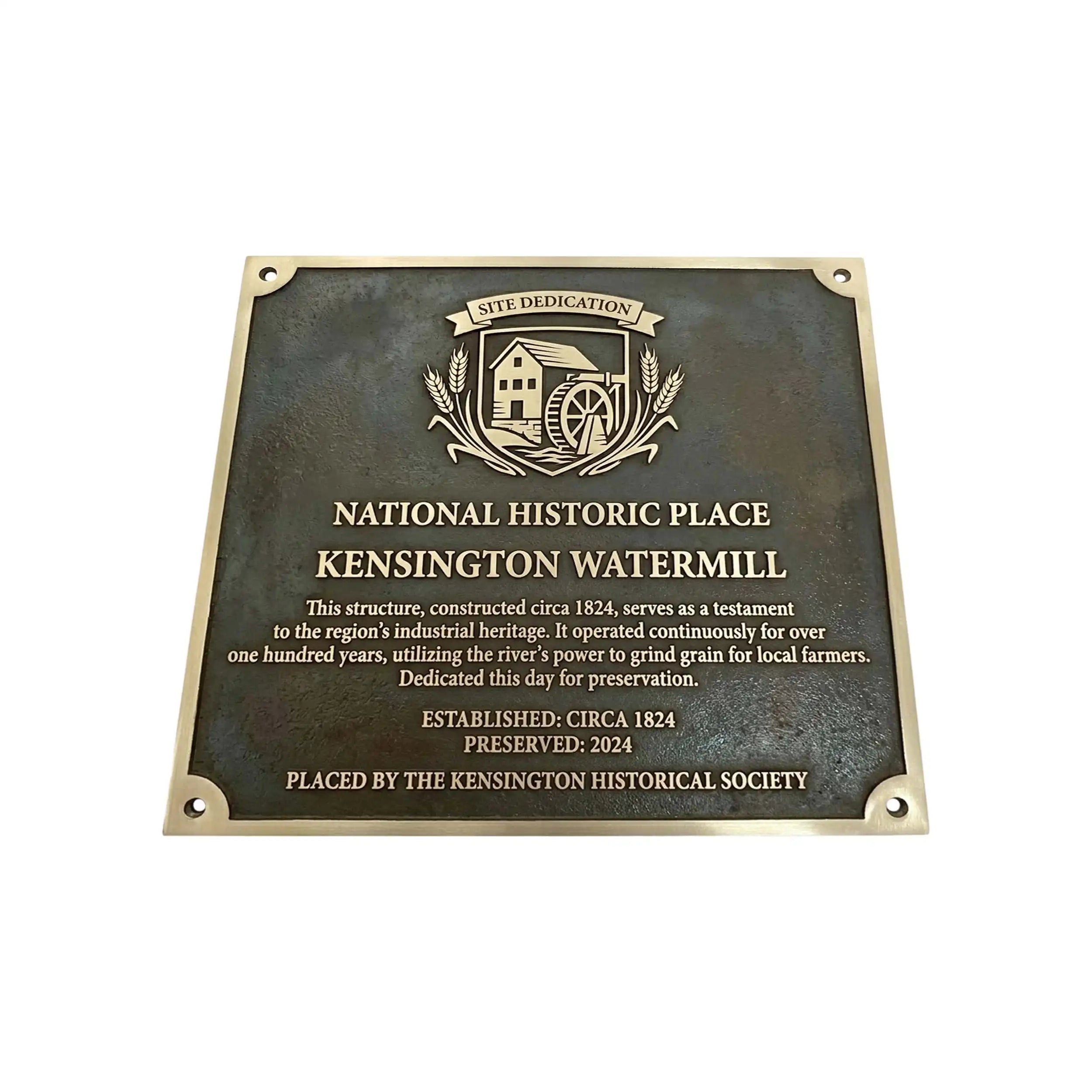 Plaque commemorating the National Historic Place Kensington Watermill on a white background
