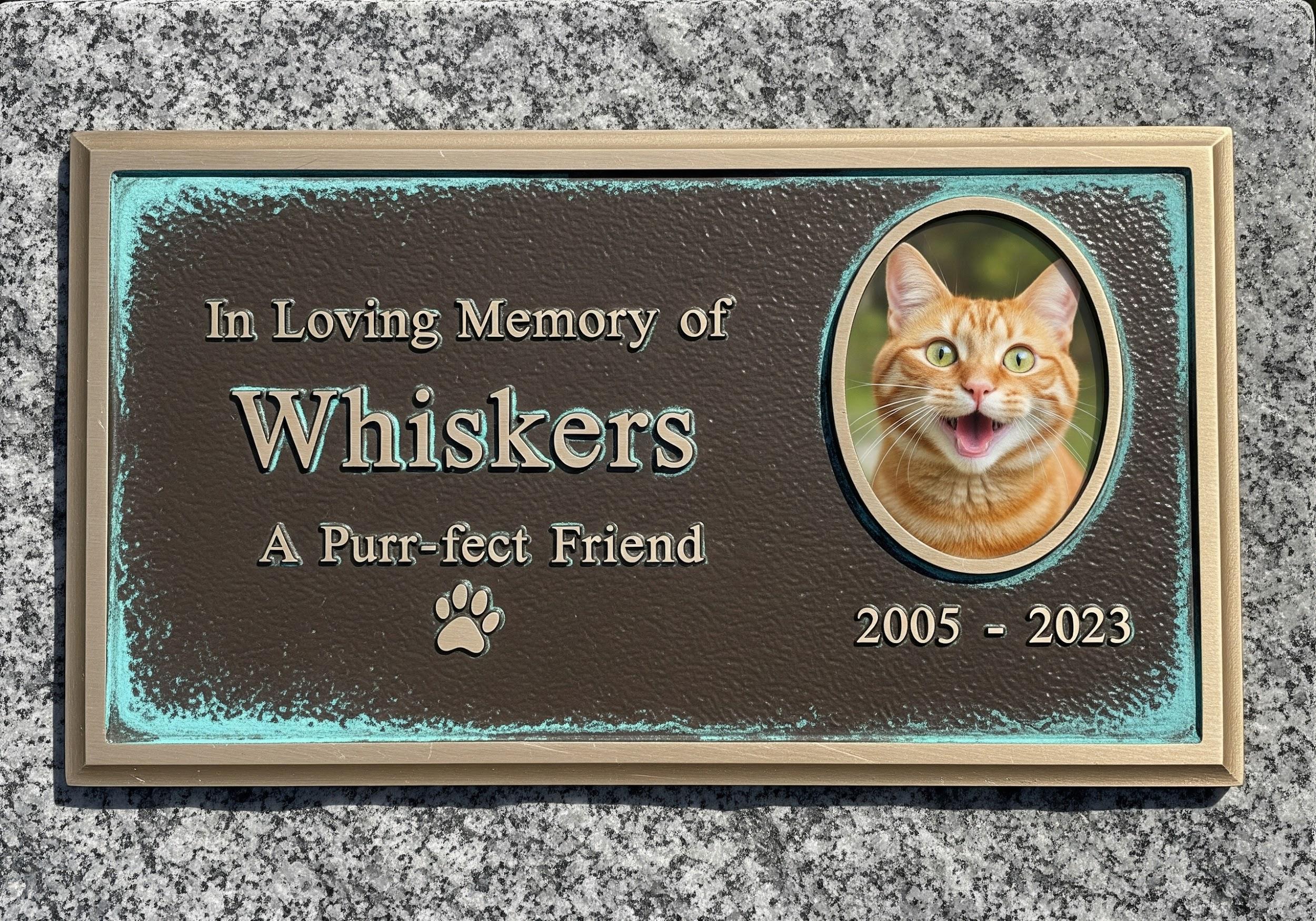Memorial plaque for a cat named Whiskers with a photo of a cat and text on a stone background