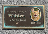 Memorial plaque for a cat named Whiskers with a photo of a cat and text on a stone background