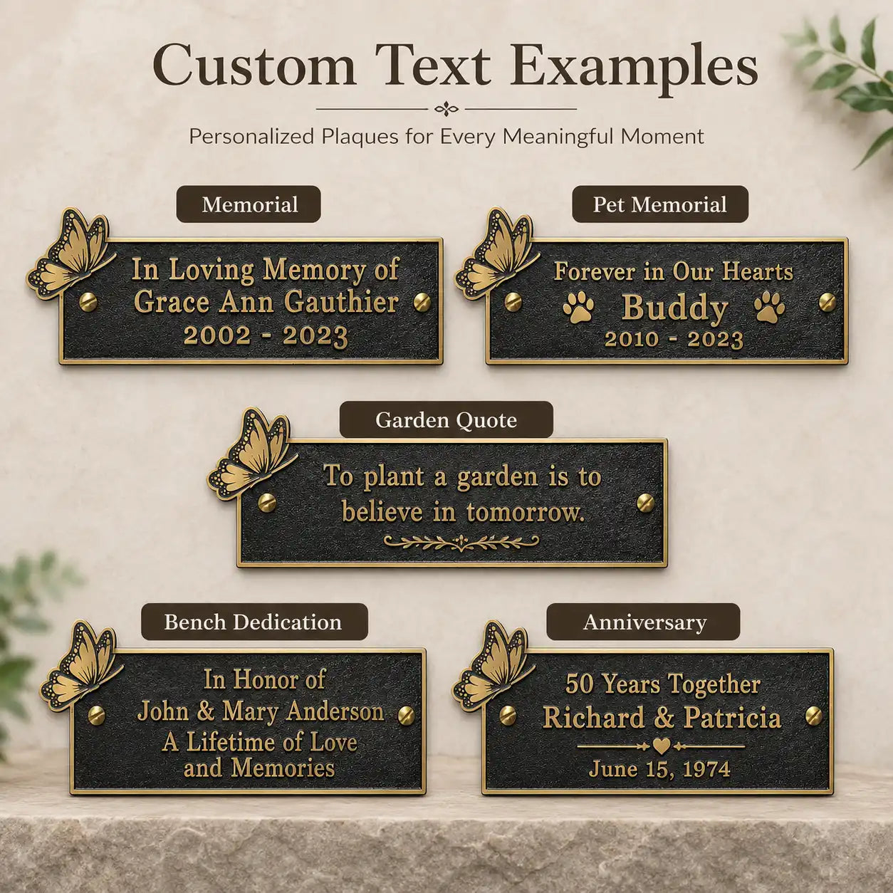 A digital mockup showing six customizable memorial plaque designs on a light textured beige background. The plaques are dark gray with gold borders and gold decorative elements like butterflies and small gold dots.