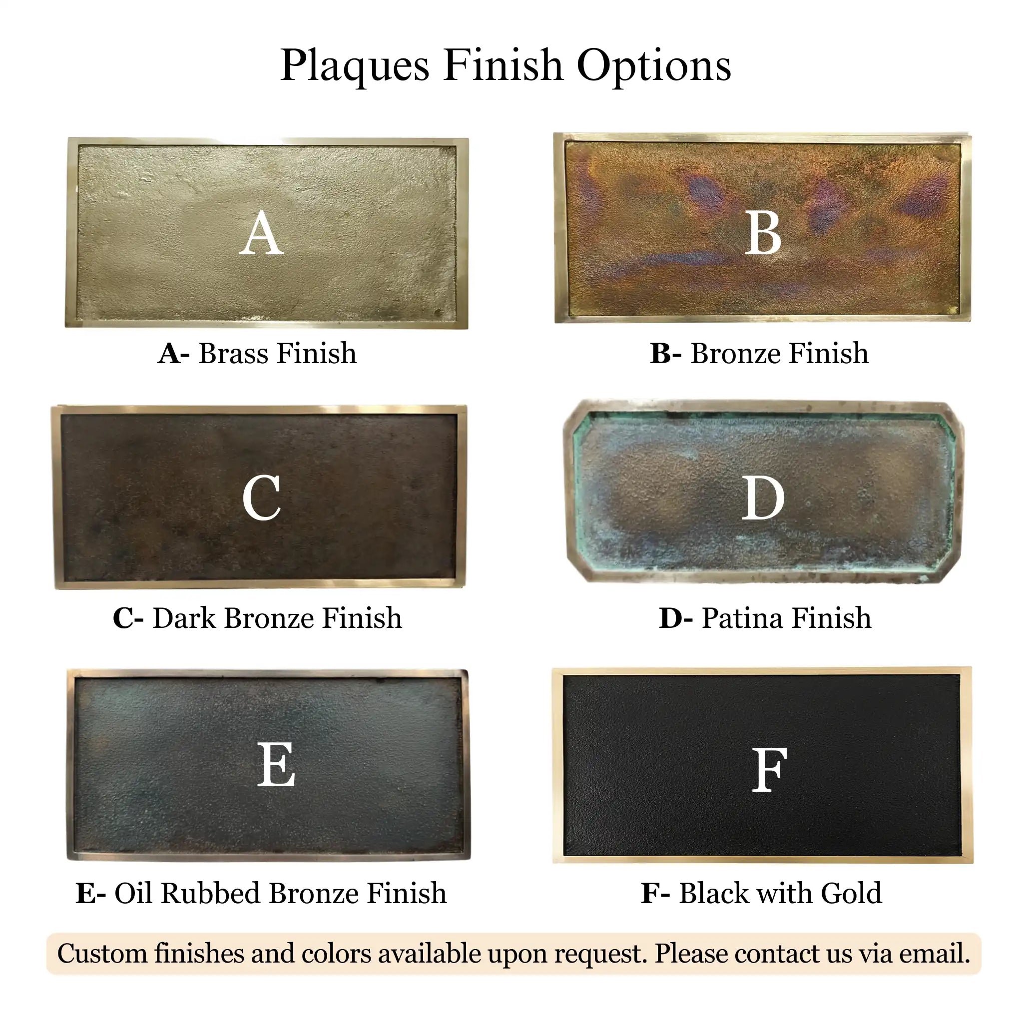 Brass and Bronze Plaque finish options with labels A to F on a white background