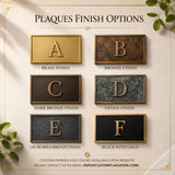 Brass and Bronze Plaque finish options with labels A to F on a white background