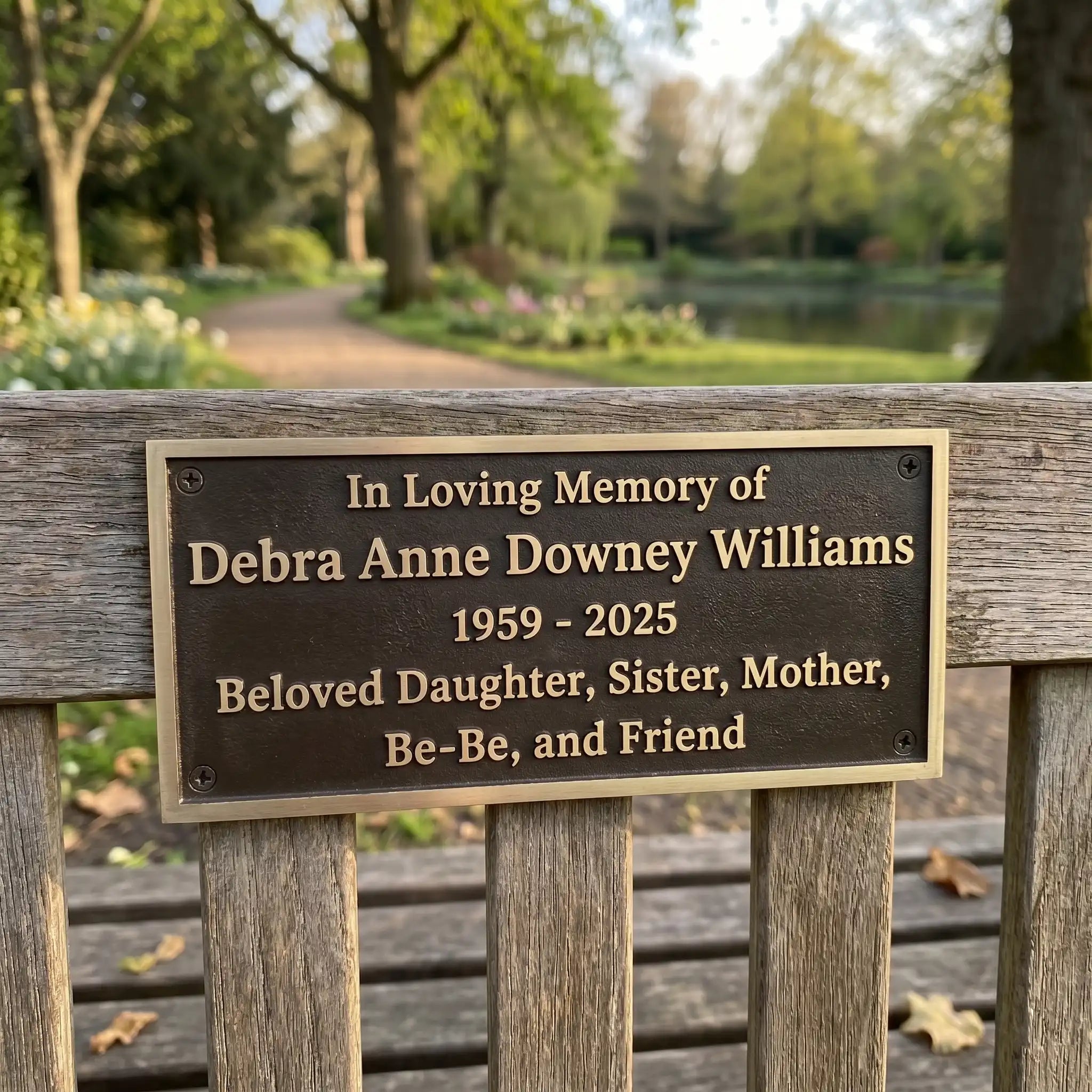 Memorial plaque on a bench in a park with a garden and trees in the background.