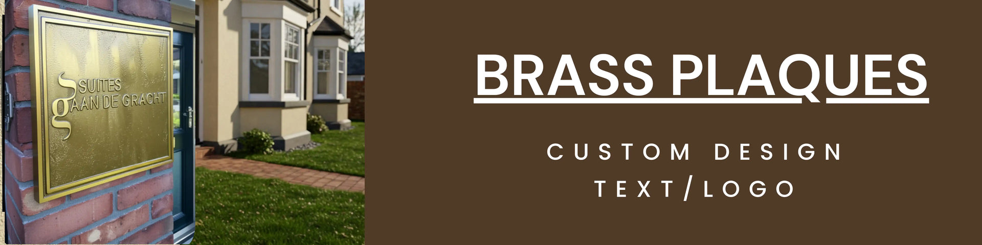 Brass plaque on a building with text 'U.S. Custom House' and promotional banner for brass plaques with customizable design.