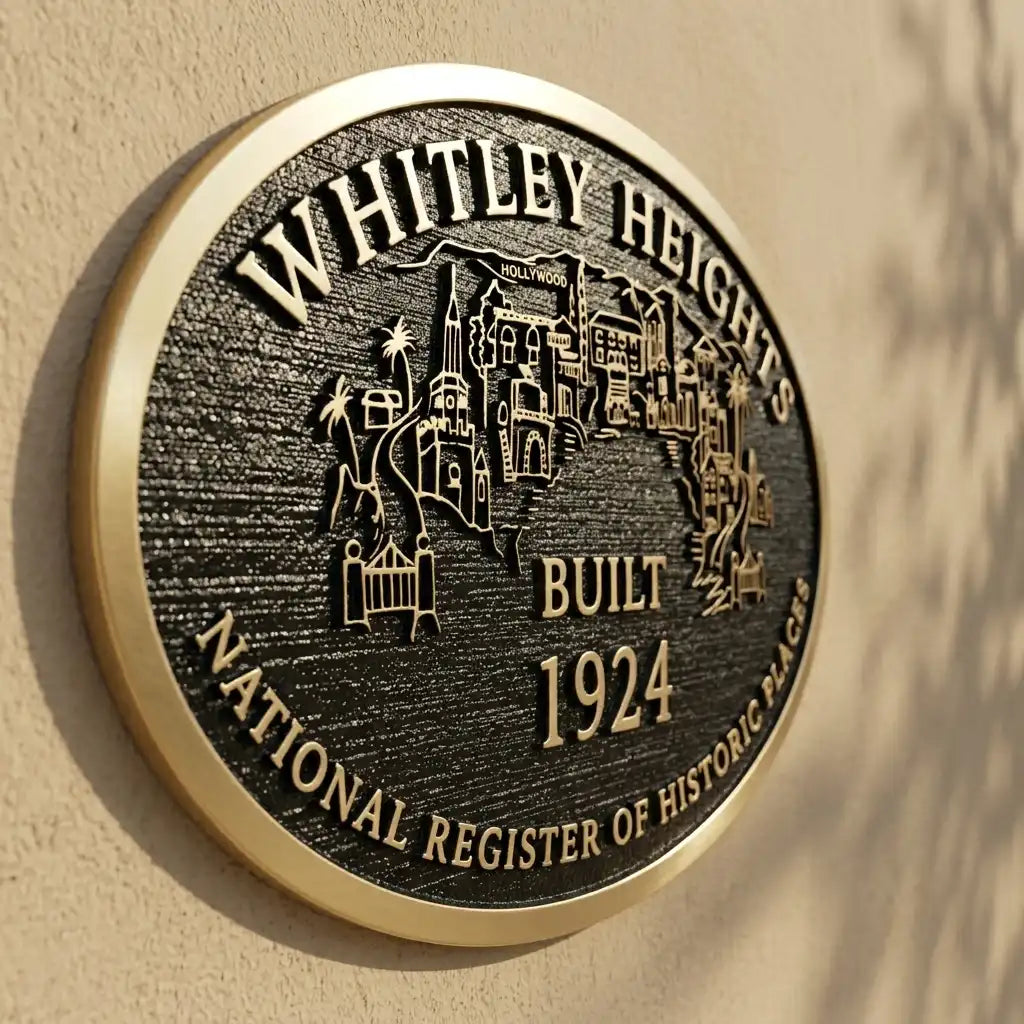 Historical Bronze plaque with 'Whitley Heights' and 'Built 1924' on a beige wall.
