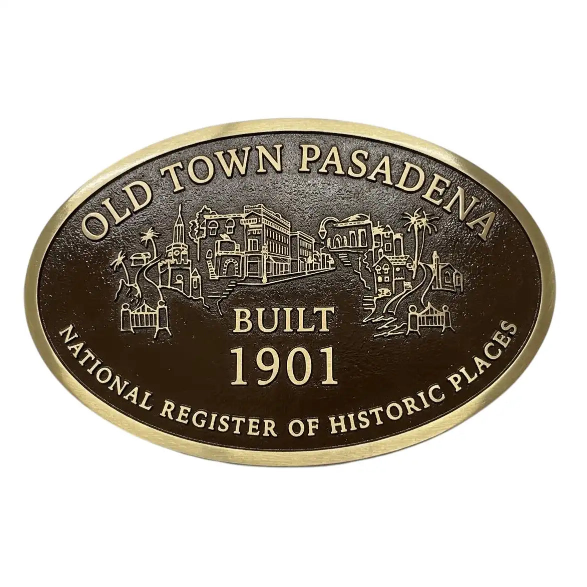 Bronze historical plaque with 'Old Town Pasadena' text and building illustration on a white background