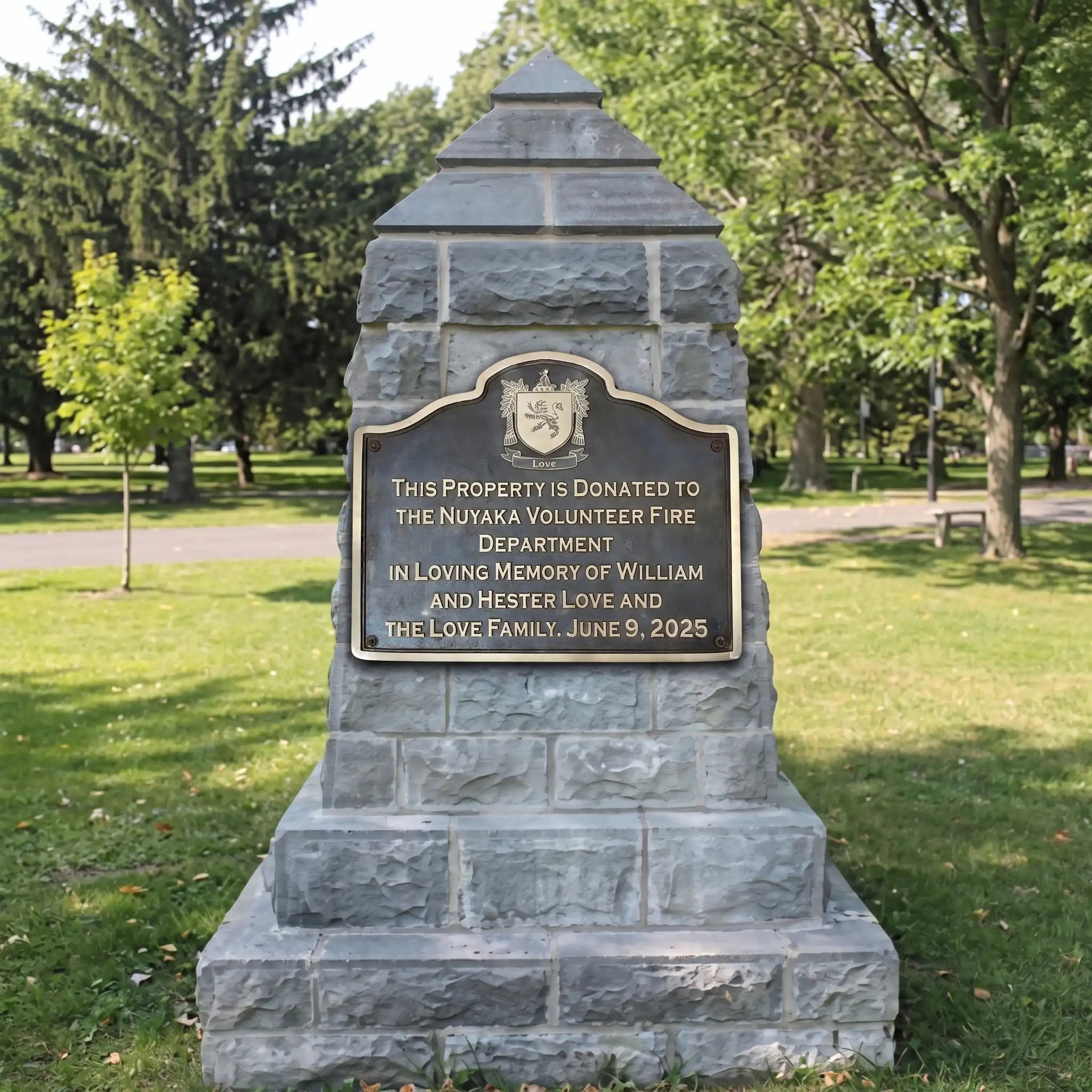 Personalized Historical Markers - Stone monument with a plaque in a park setting