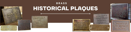 Collection of brass historical plaques on a brown background with 'Brass Historical Plaques' text.