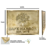 Brass plaque with 'Safe Harbor' engraving and tree design, showing dimensions and mounting details.