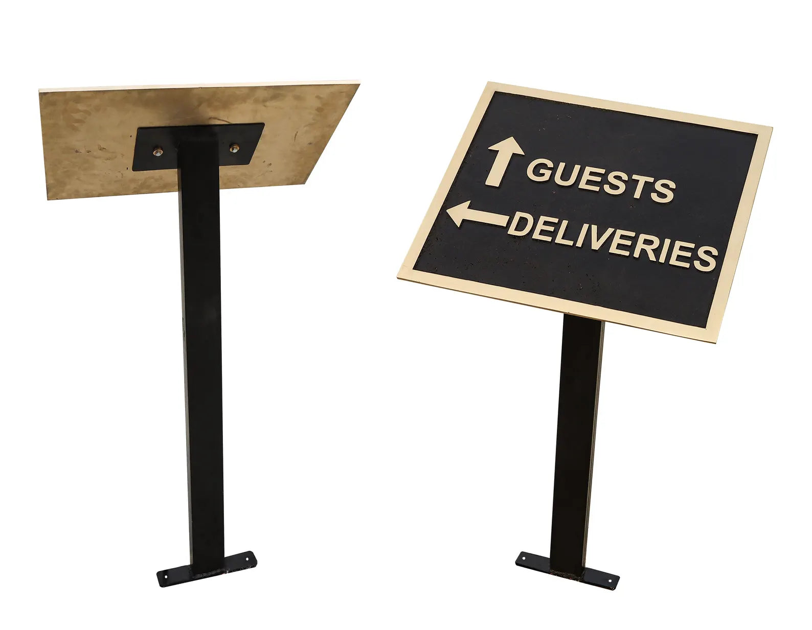 Two sign stands with directional signs for guests and deliveries on a white background