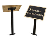 Two sign stands with directional signs for guests and deliveries on a white background