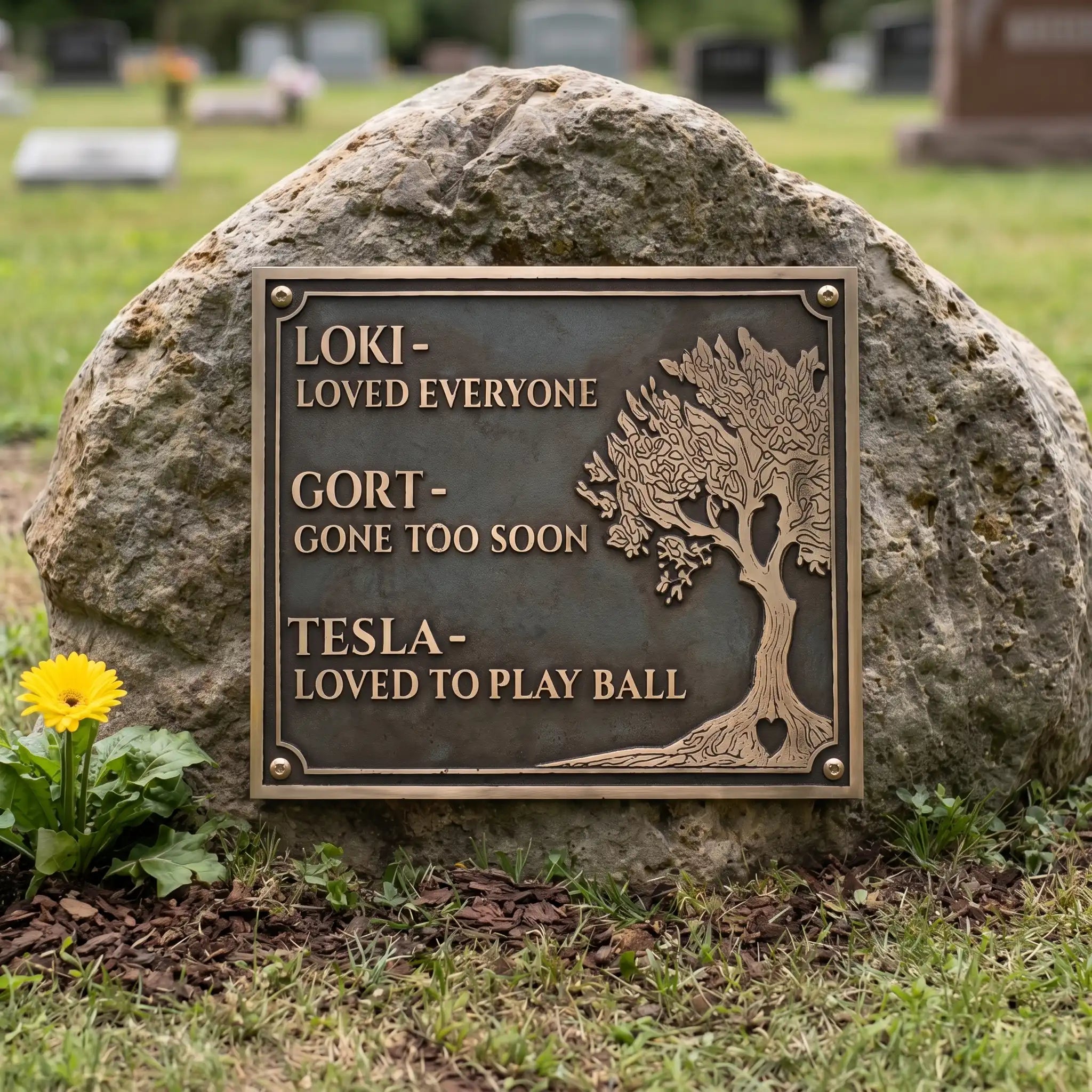 Memorial plaque with engraved text on a stone in a cemetery