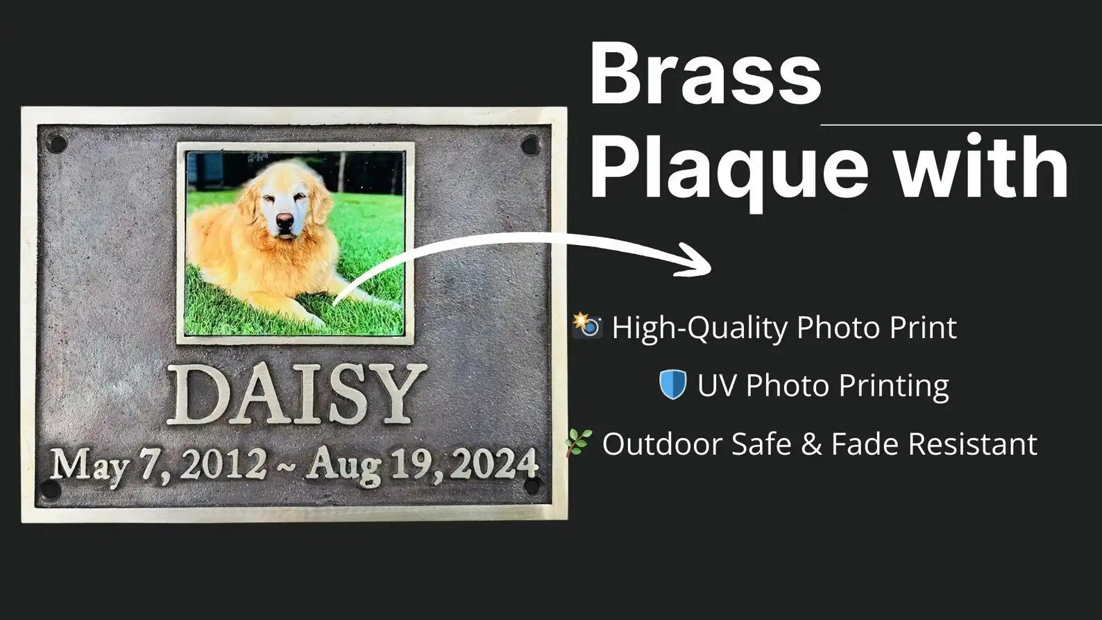Brass plaque with a photo of a dog named Daisy and text about the product features on a black background.