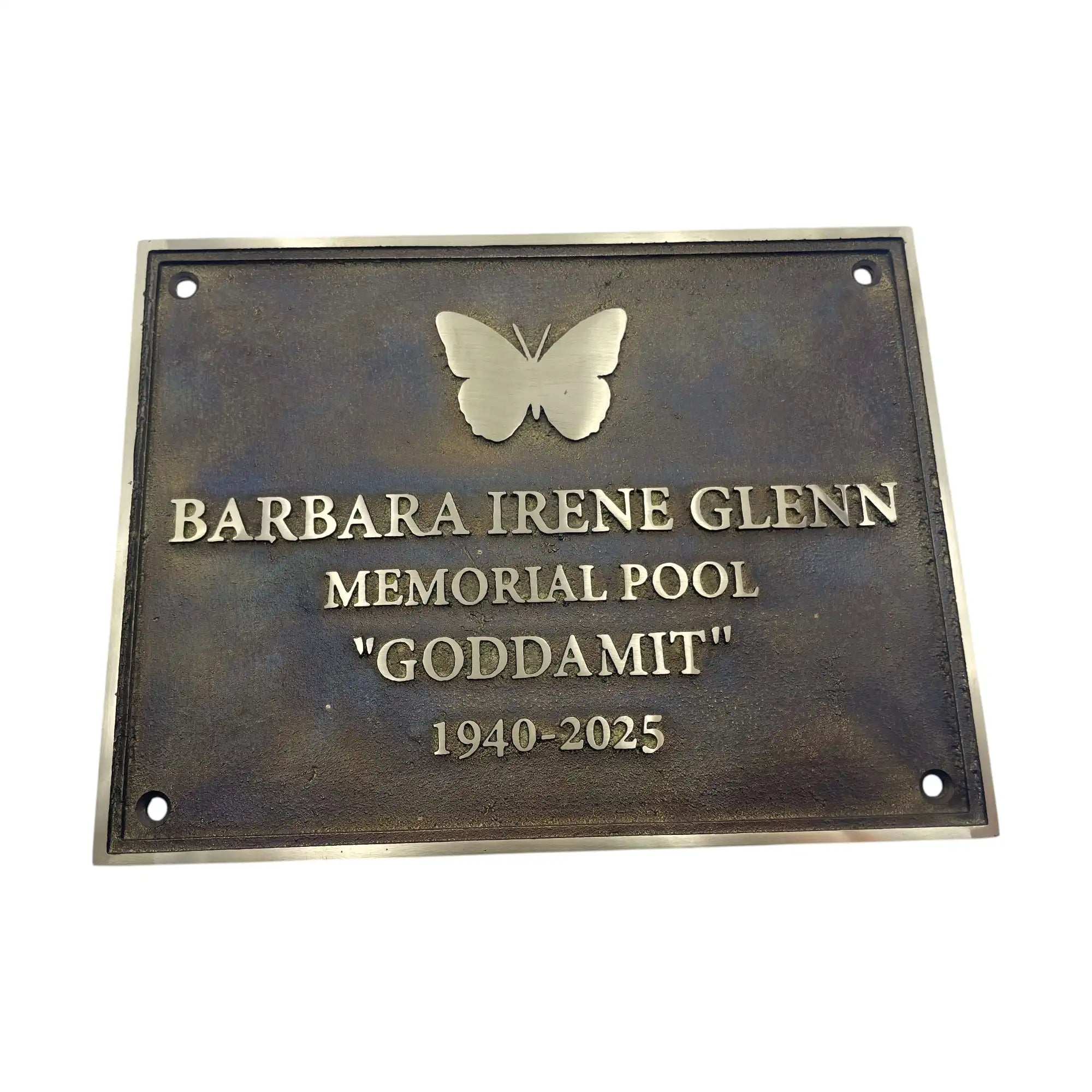 Memorial plaque for Barbara Irene Glenn with a butterfly emblem on a white background