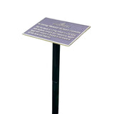 Memorial plaque on a stand with engraved text on a white background