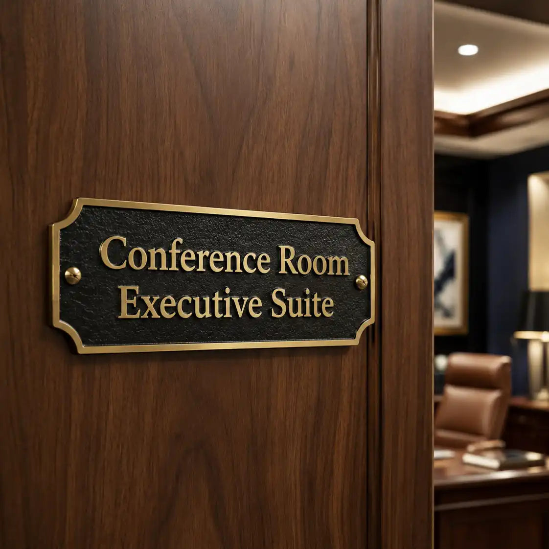 A close-up of a dark wood door with a rectangular brass plaque reading 'Conference Room Executive Suite.' Through the doorway, an office interior with a leather chair, desk, and warm lighting is visible.