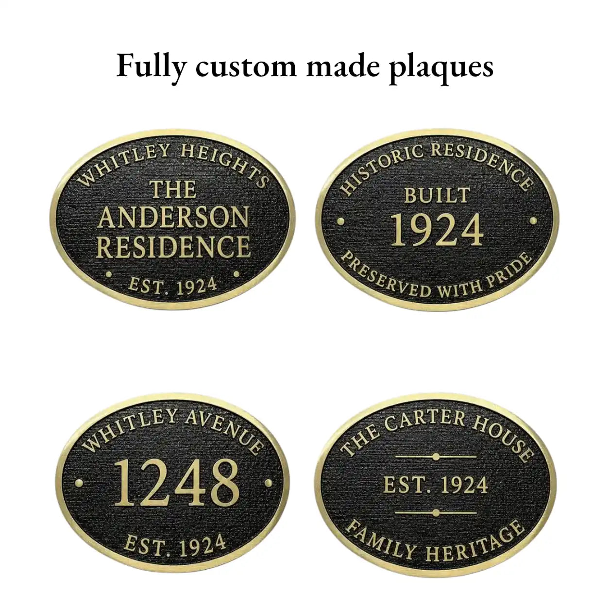 Four custom-made historical plaques with text on a white background