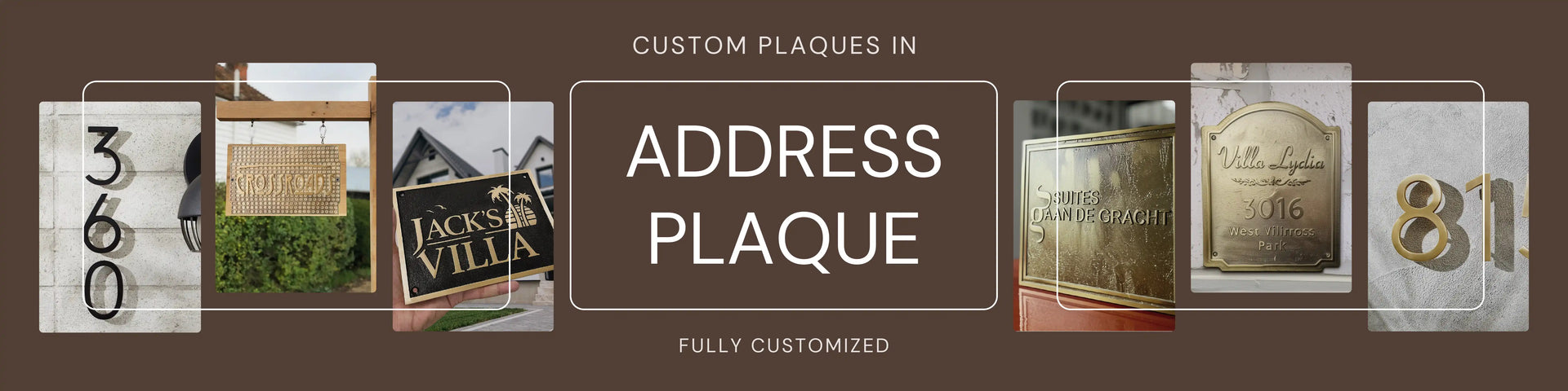 Custom address plaques with various designs and text on a brown background