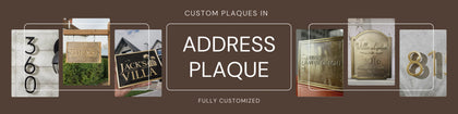 Custom address plaques with various designs and text on a brown background