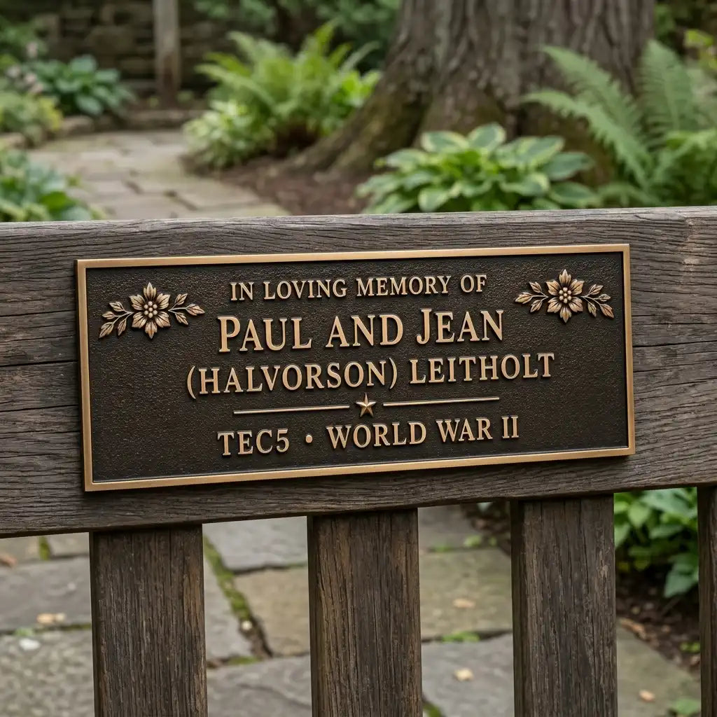 Memorial plaque for Paul and Jean (Halvorson) Leitholt in a garden setting.