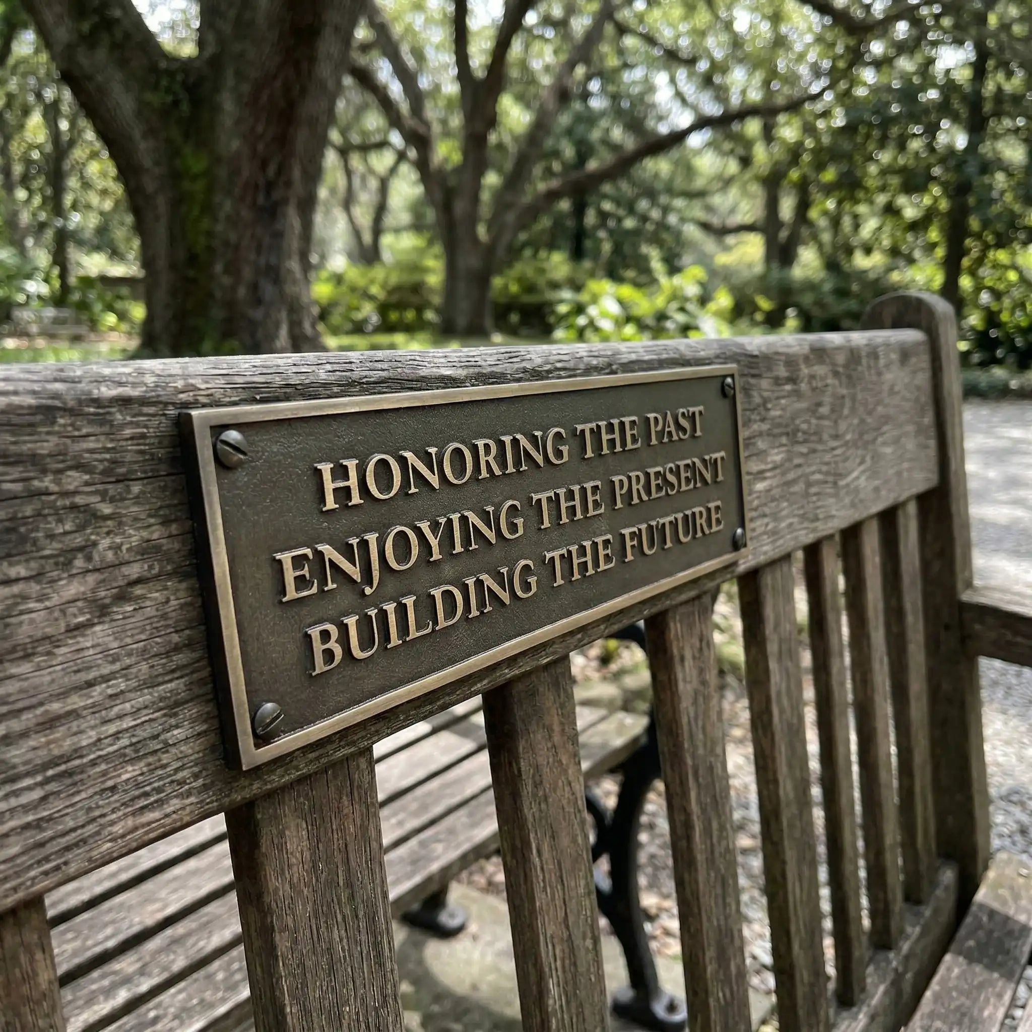 Wooden bench with a bronze plaque reading 'Honoring the past, Enjoying the present, Building the future' in a park setting.