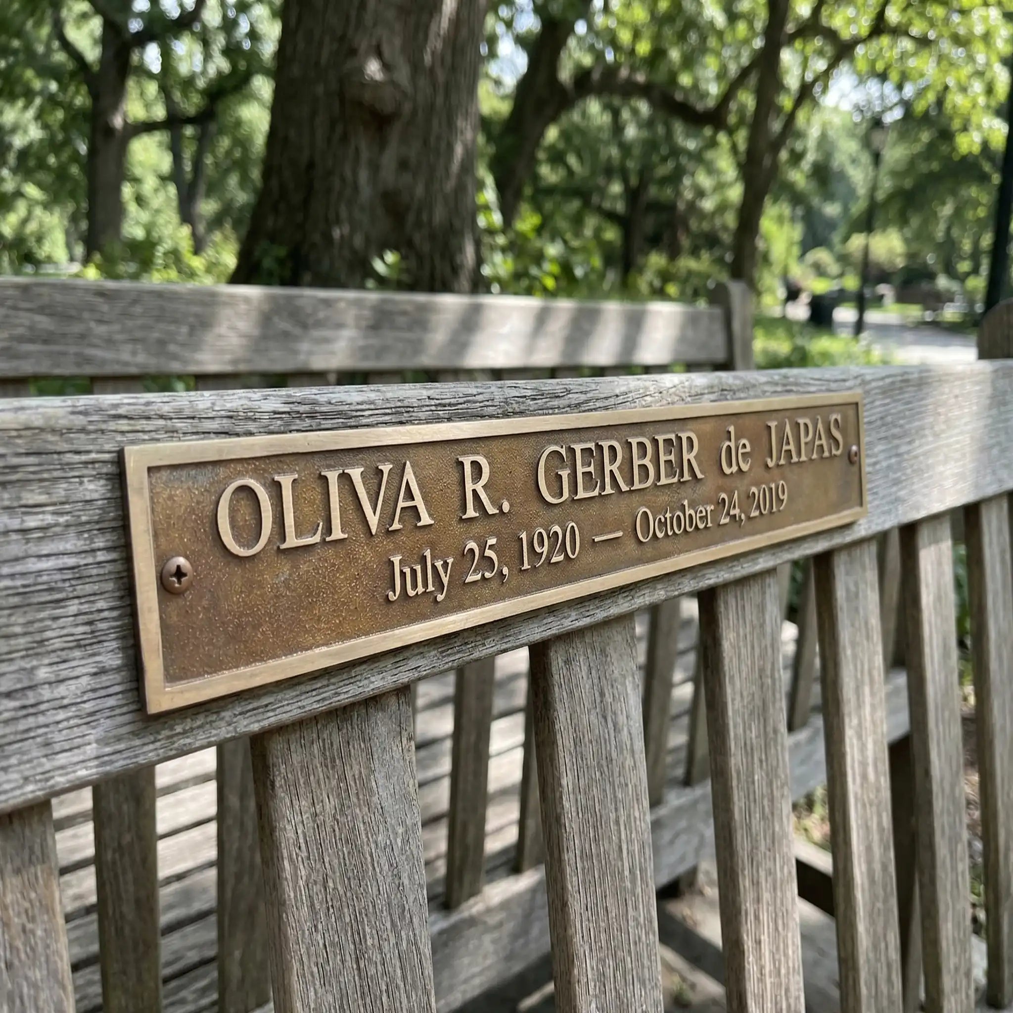 Wooden bench with a brass bench memorial plaque bearing a name and dates in a park setting