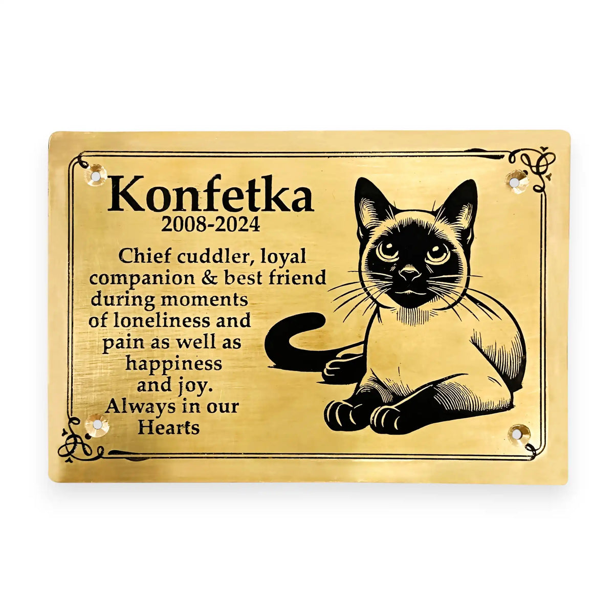 Custom Brass Pet Memorial Plaque for a cat named Konfetka with text and a black and white cat illustration on a gold background.