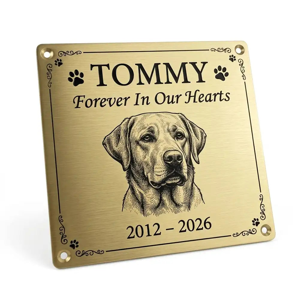 Memorial plaque for a dog named Tommy with a portrait and years engraved on a white background