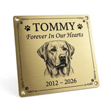 Memorial plaque for a dog named Tommy with a portrait and years engraved on a white background