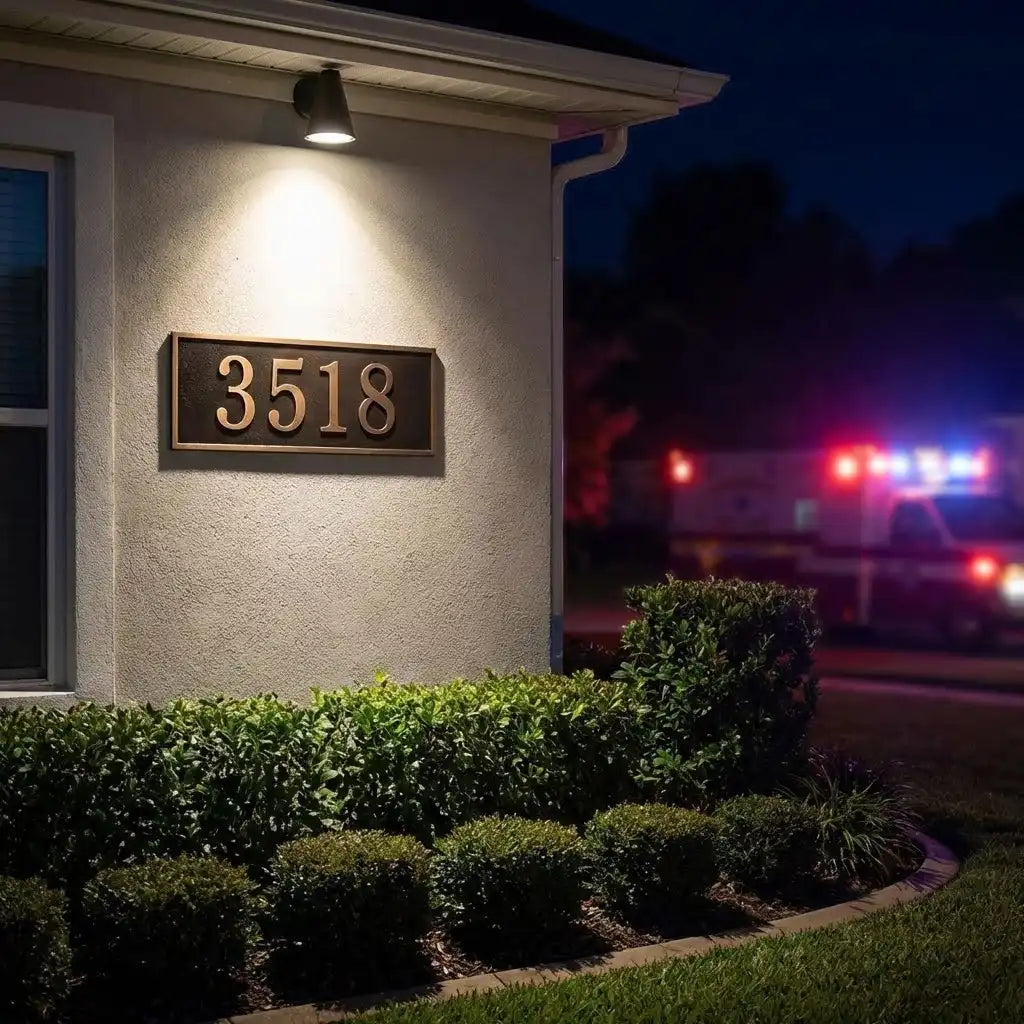 Bronze Address sign with House exterior