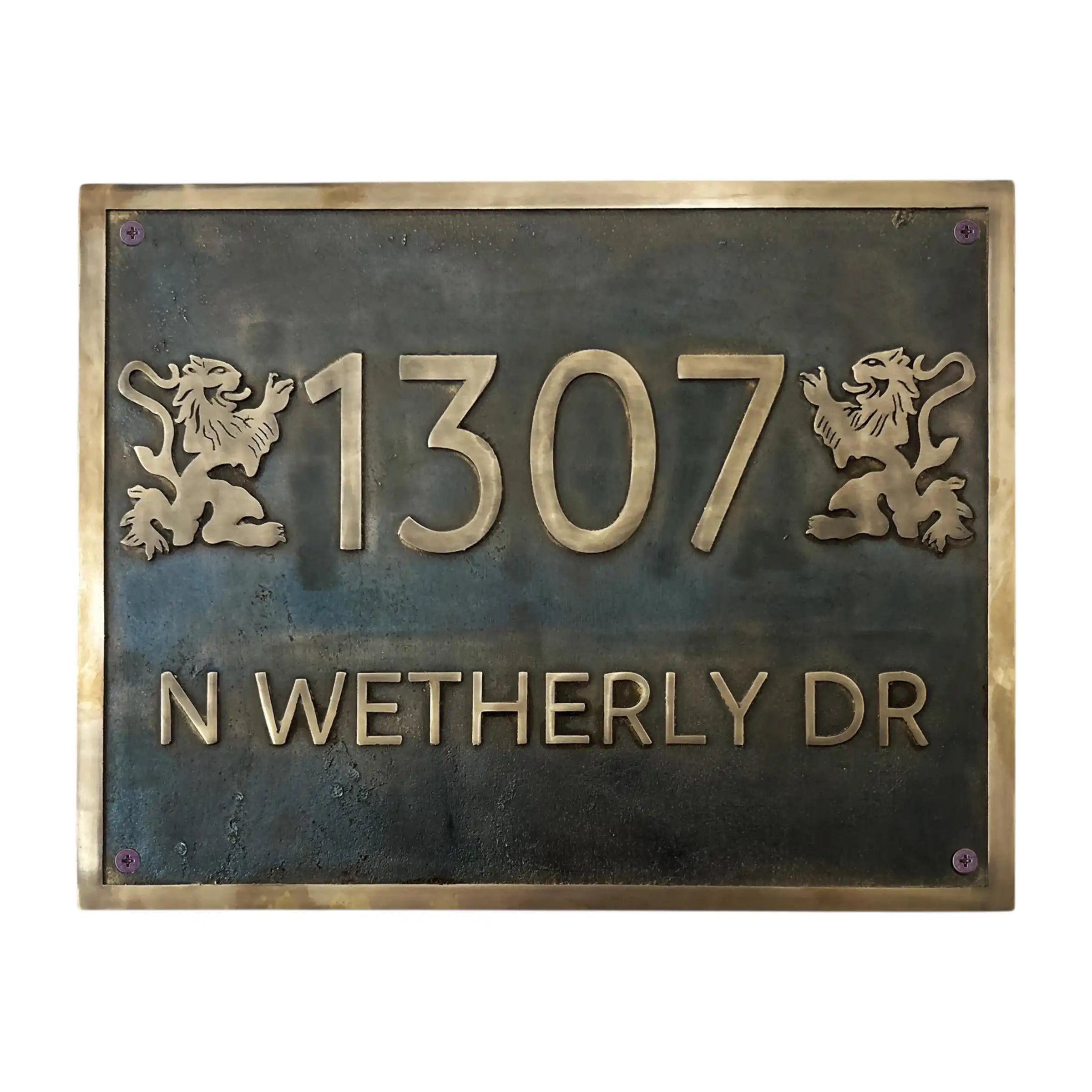 Cast Bronze plaques - Bronze house number sign with '1307 N WETHERLY DR' on a metallic background