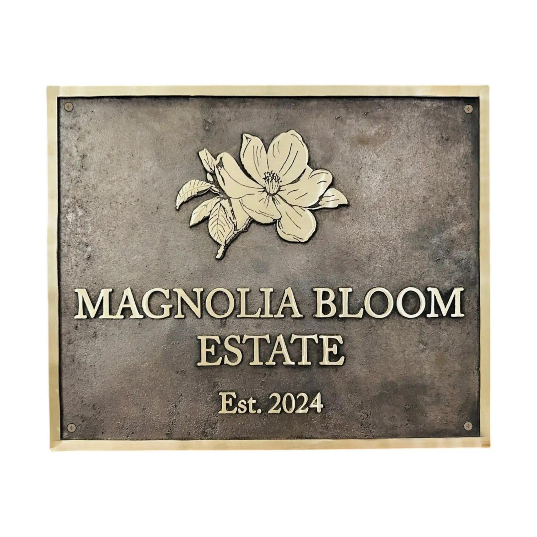 Address sign with 'Magnolia Bloom Estate' and a floral design on a textured background.