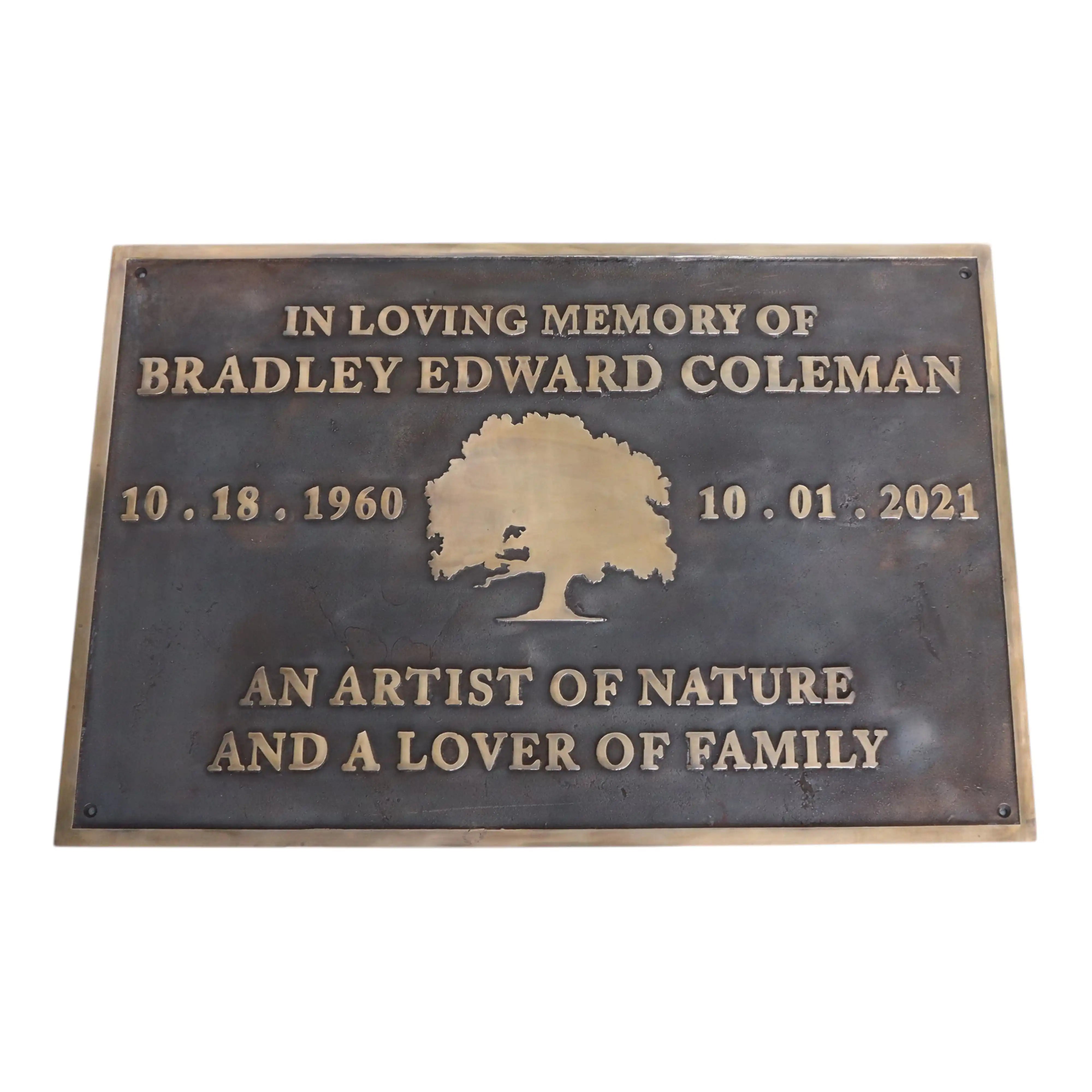 Bronze Memorial plaque custom with tree design and text on a white background