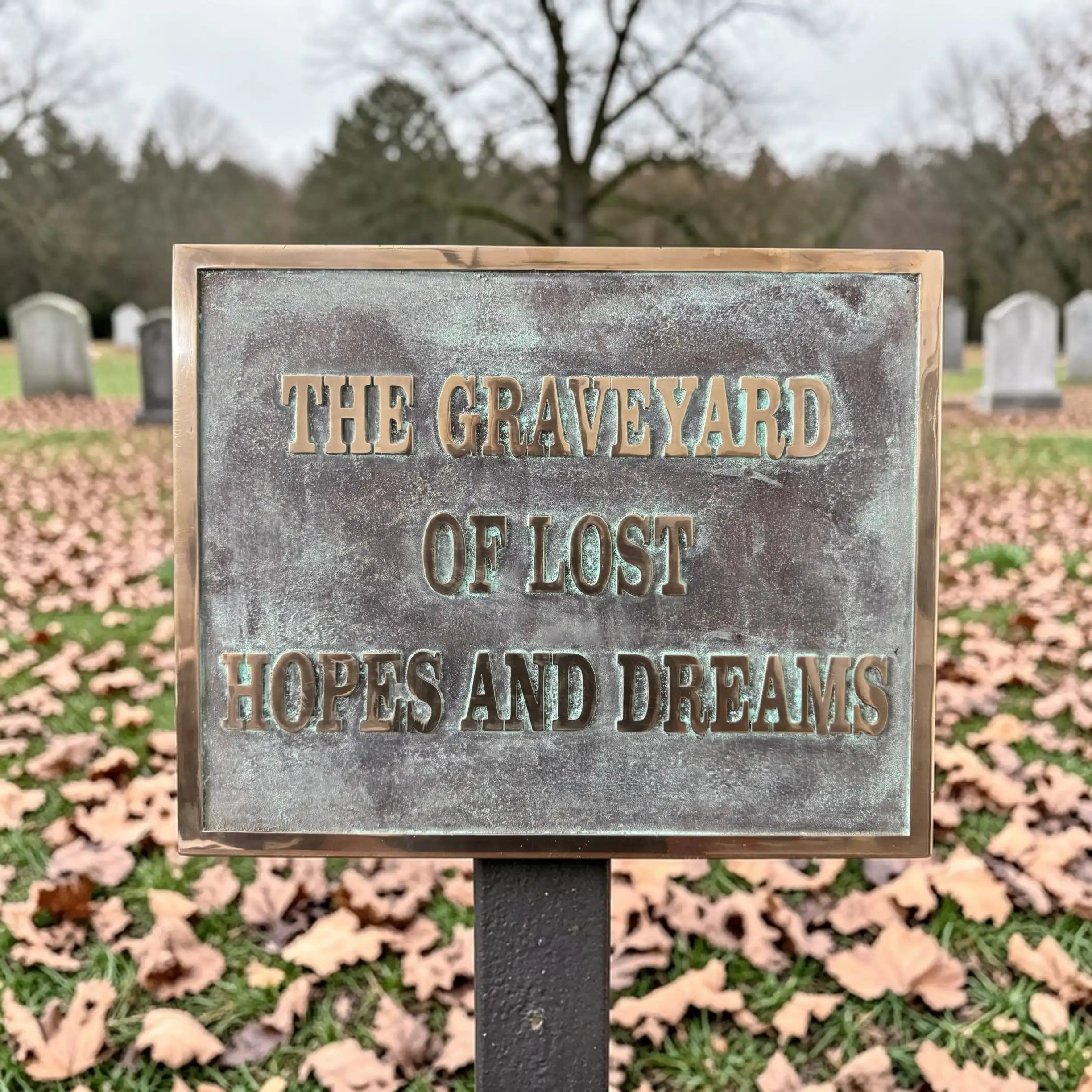 Bronze memorial sign with text 'The Graveyard of Lost Hopes and Dreams' in a cemetery.