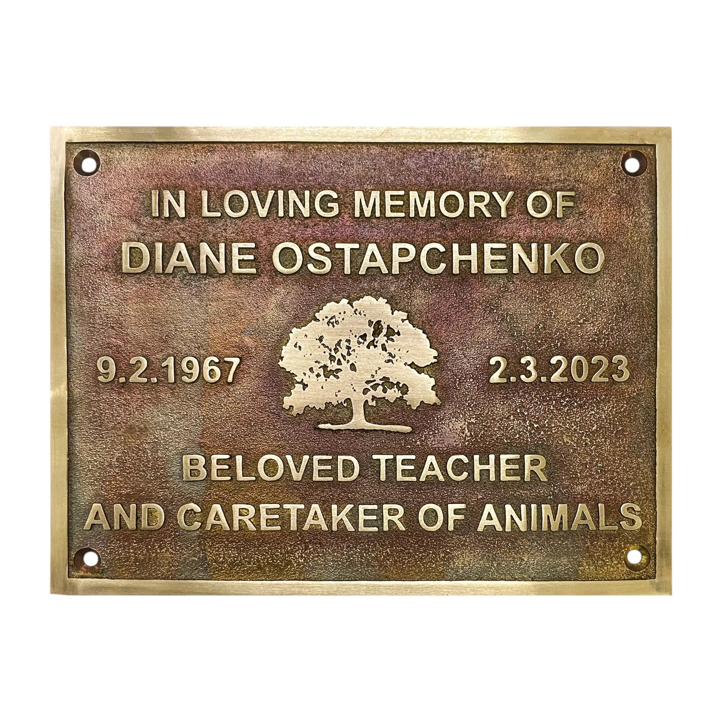 Bronze Memorial plaque for Diane Ostapchenko with a tree design on a white background