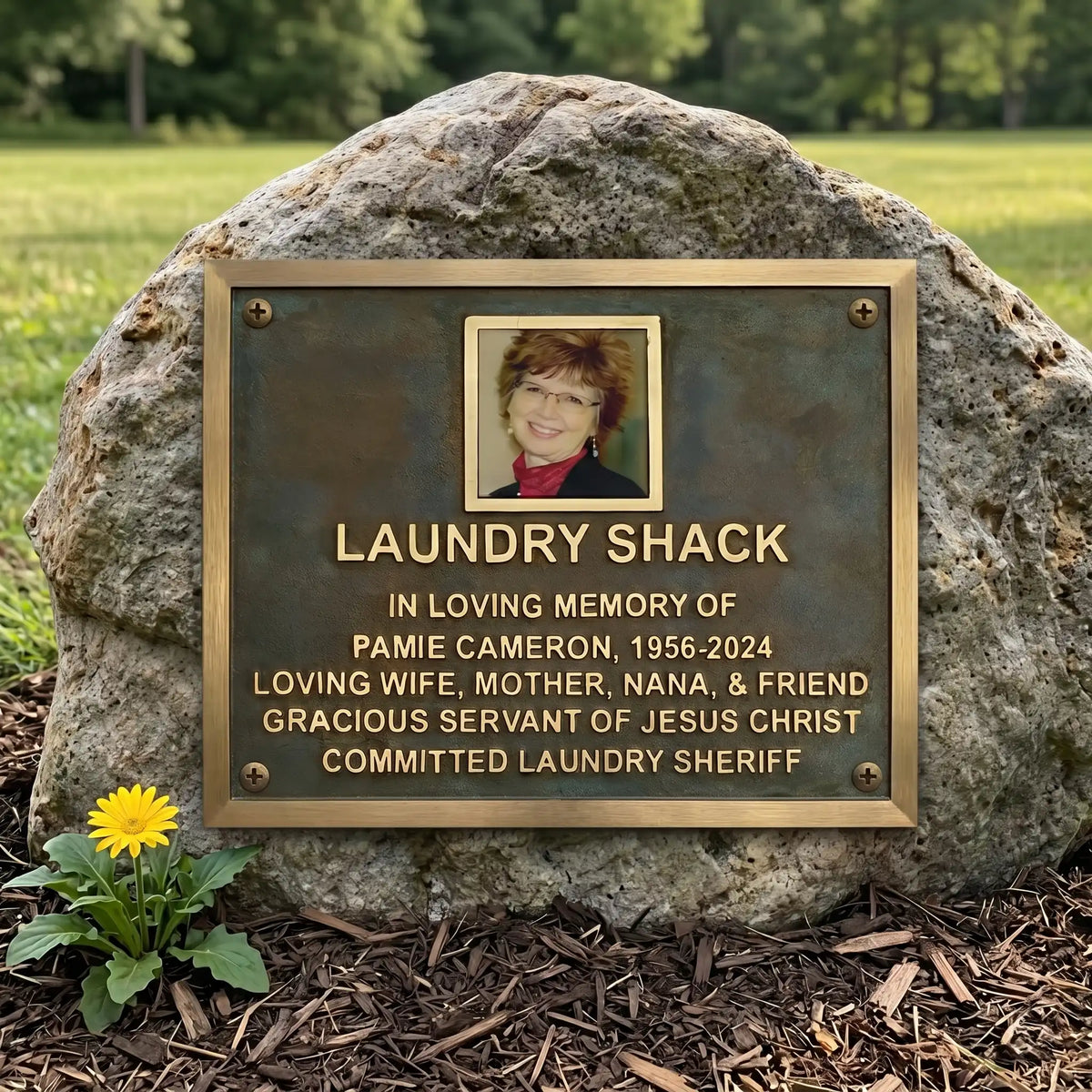 Bronze Memorial plaque for Pamie Cameron on a rock with a yellow flower in front, set against a natural background.