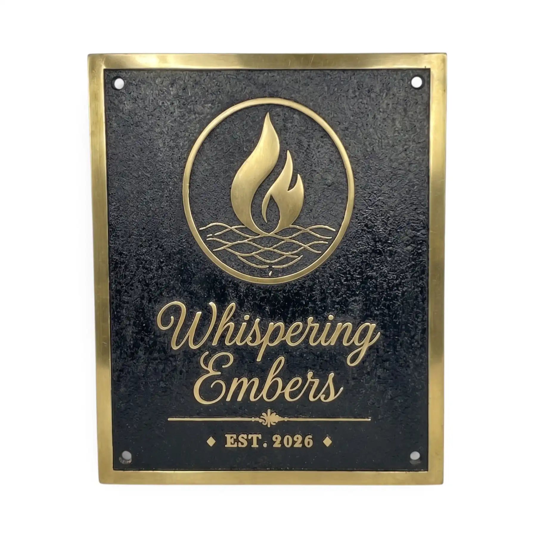 Bronze sign with 'Whispering Embers' logo and text on a black background
